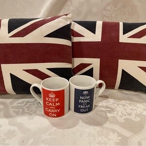 UK Union Jack throw pillows and Keep Calm mug set. Anglophile gifts!